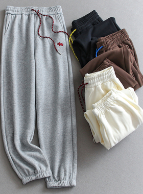 刺绣小狗松紧腰加绒加厚束脚裤松弛感高腰百搭休闲裤女裤卫裤Q768