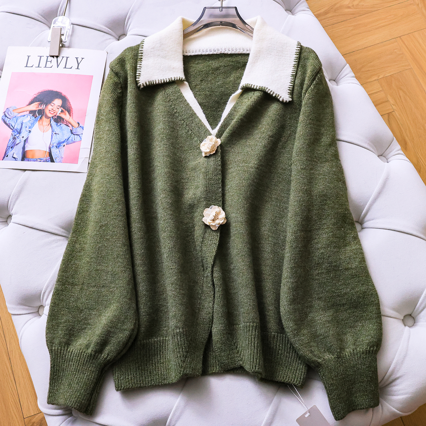 撞色慵懒风长袖毛衣外套女针织衫