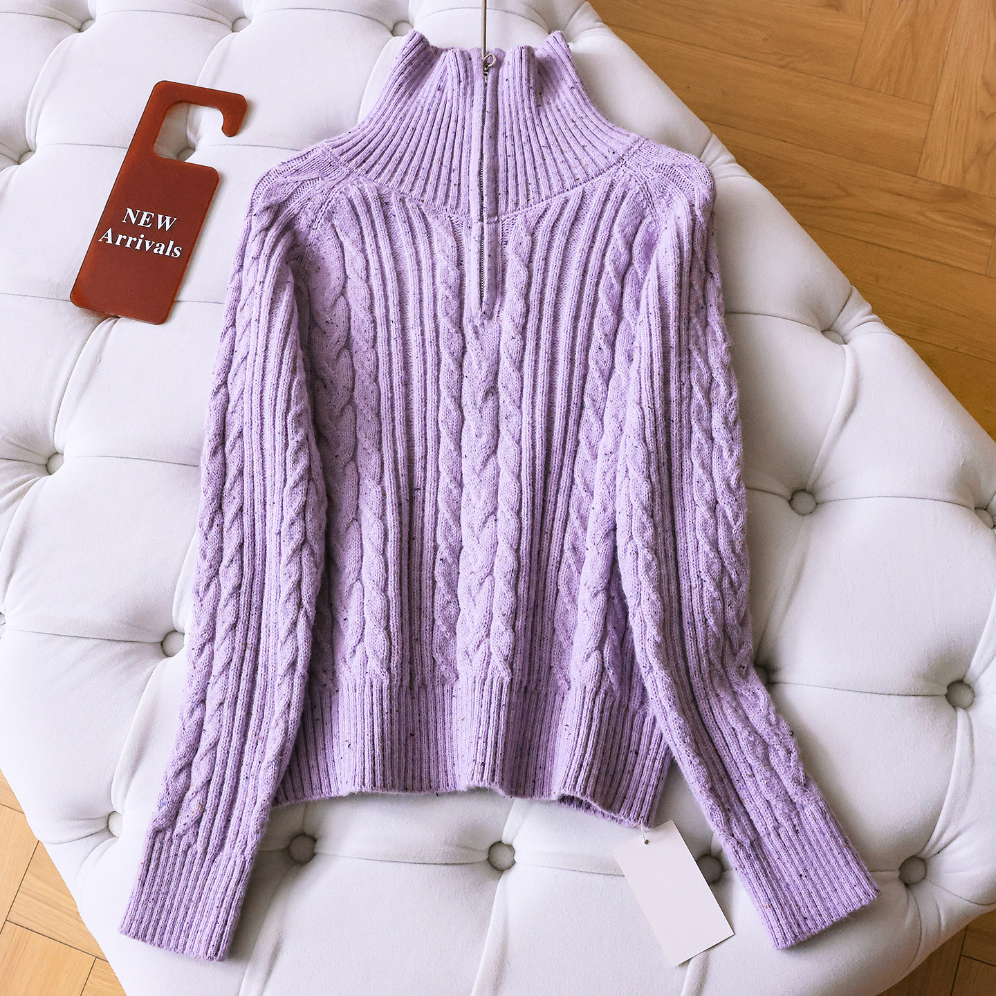 紫色软糯舒适半拉链两穿套头毛衣