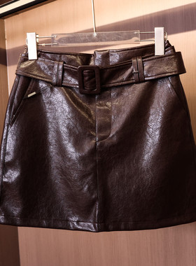 纯色摩登高腰显瘦a字裙系腰带2025秋季新款PU皮裙女裙半身裙V677