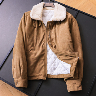 纯色复古灯芯绒毛毛翻领宽松H型加厚保暖外套长袖 女棉衣棉服M357