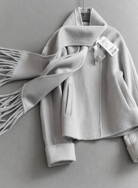 流苏围巾款！双面呢圆领纯色羊毛混纺短款大衣冬款毛呢外套女M536