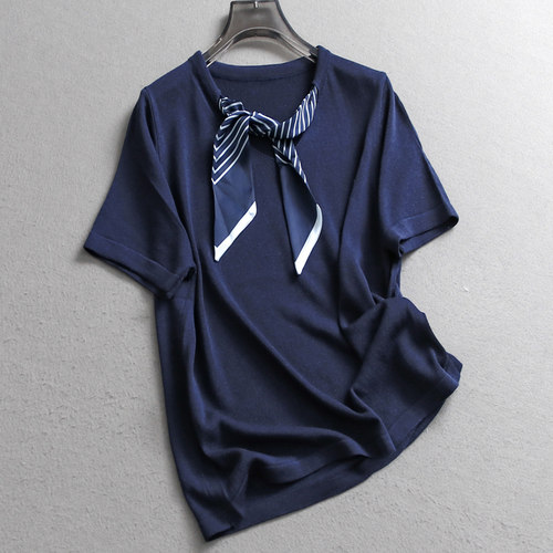 撞色丝巾系带柔软薄款亲肤针织衫