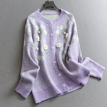 立体花朵温柔软糯圆领针织开衫外套2025秋新款长袖减龄女毛衣B021