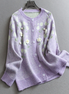 立体花朵温柔软糯圆领针织开衫外套2025秋新款长袖减龄女毛衣B021
