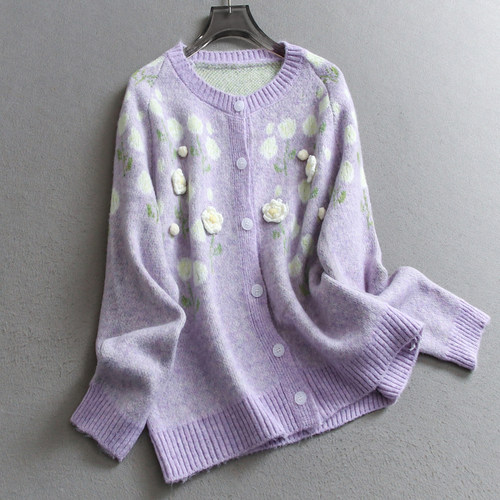 立体花朵温柔软糯圆领毛衣女开衫