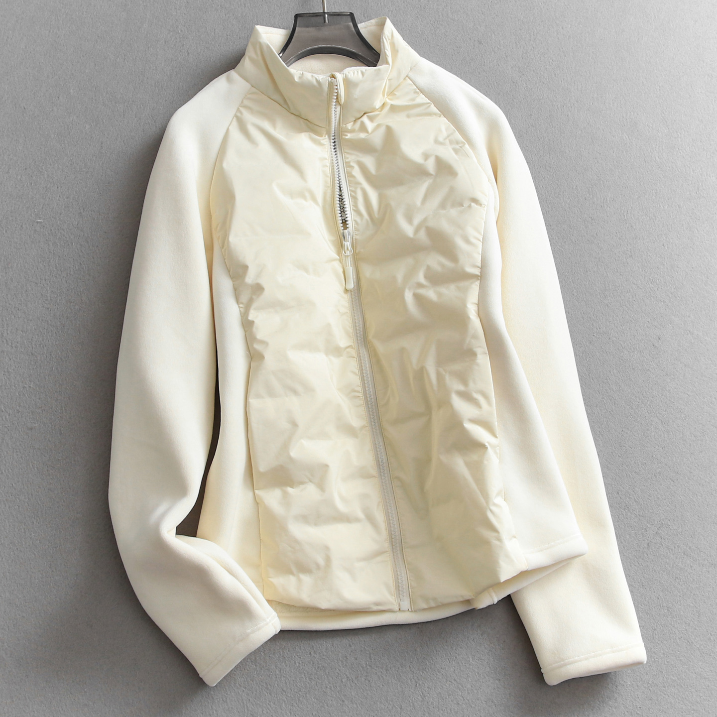 弹力布拼接纯色立领修身薄羽绒服