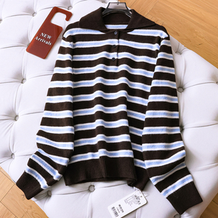 撞色条纹软糯亲肤韩系休闲学院风POLO领针织衫 套头毛衣女Q511 长袖