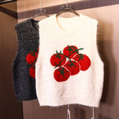 可爱番茄提花软糯甜美圆领减龄叠穿针织毛衣无袖 显瘦百搭马夹V693