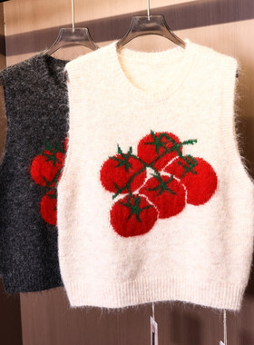 可爱番茄提花软糯甜美圆领减龄叠穿针织毛衣无袖显瘦百搭马夹V693