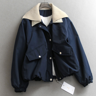 撞色法式 外套女棉衣棉服M624 灯芯绒层叠翻领廓形加绒加厚保暖长袖