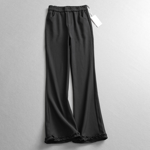 女休闲裤 纯色拼接木耳花边微喇裤 新款 2026春季 W779 高腰显瘦九分裤