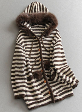 可拆卸毛领撞色条纹连帽宽松慵懒风针织开衫外套长袖女装毛衣M570