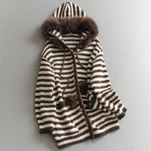 毛衣M570 女装 可拆卸毛领撞色条纹连帽宽松慵懒风针织开衫 外套长袖