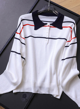 简约条纹柔软亲肤宽松显瘦POLO领百搭毛衣长袖通勤女装针织衫B818