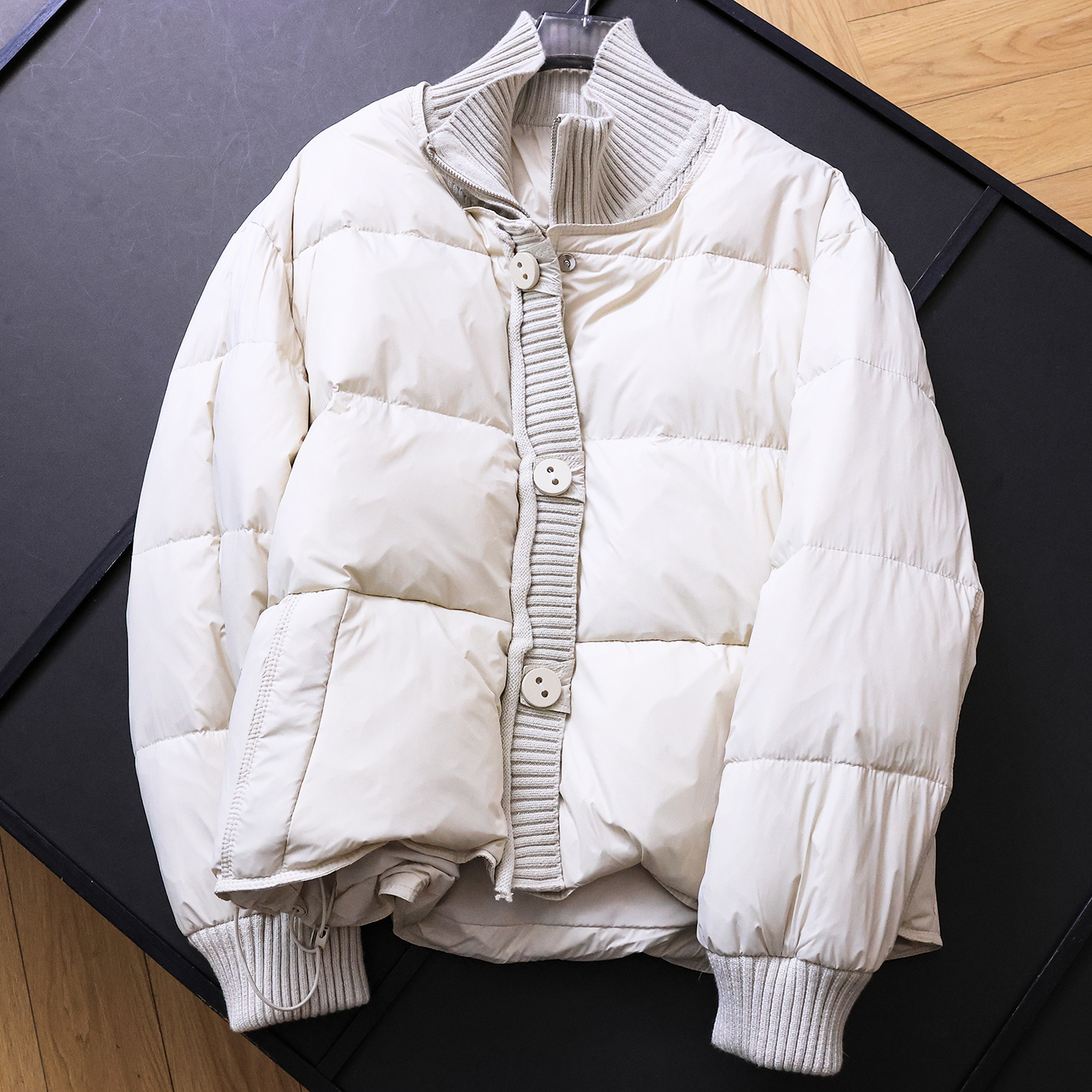 针织拼接加厚宽松保暖羽绒服女