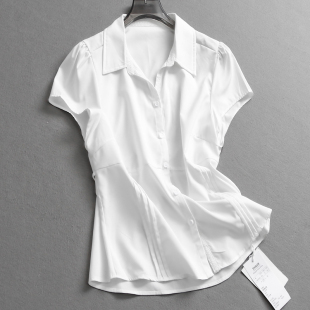百搭衬衫 纯色风琴褶系带收腰修身 短袖 2025夏新款 女L900 翻领泡泡袖