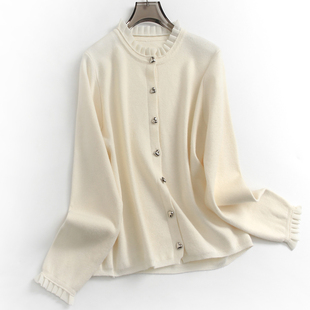 纯色褶皱木耳花边圆领单排扣针织开衫外套秋冬新款长袖女毛衣D917