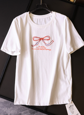 凉感甜美蝴蝶结刺绣宽松显瘦2025夏季新款合身正肩短袖T恤女L860