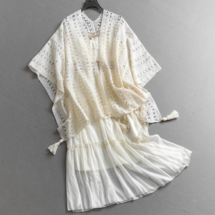 波西米亚度假风镂空流苏褶皱披肩罩衫 女裙连衣裙C775 两件套裙套装