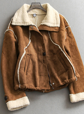 宽松加厚保暖仿羊羔毛拼接麂皮绒派克服长袖皮毛一体外套女装M635