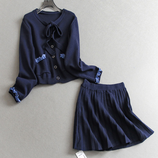 蝴蝶结绑带针织开衫 M805 毛衣可配一整套穿搭毛织百褶半身裙女套装