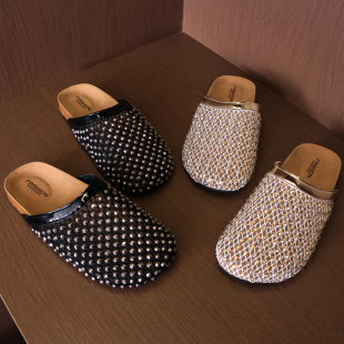 超火绝美渔网水钻一脚蹬包头凉拖鞋 女夏外穿新款 X587 半拖鞋 勃肯鞋