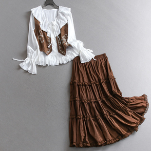 一整套穿搭半身裙女套装 女衬衫 V610 游牧风刺绣马夹荷叶边长袖 法式