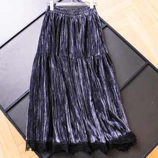 遮肉显腿长蕾丝花边高腰a字裙通勤法式 仿丝绒大摆伞裙半身裙M278