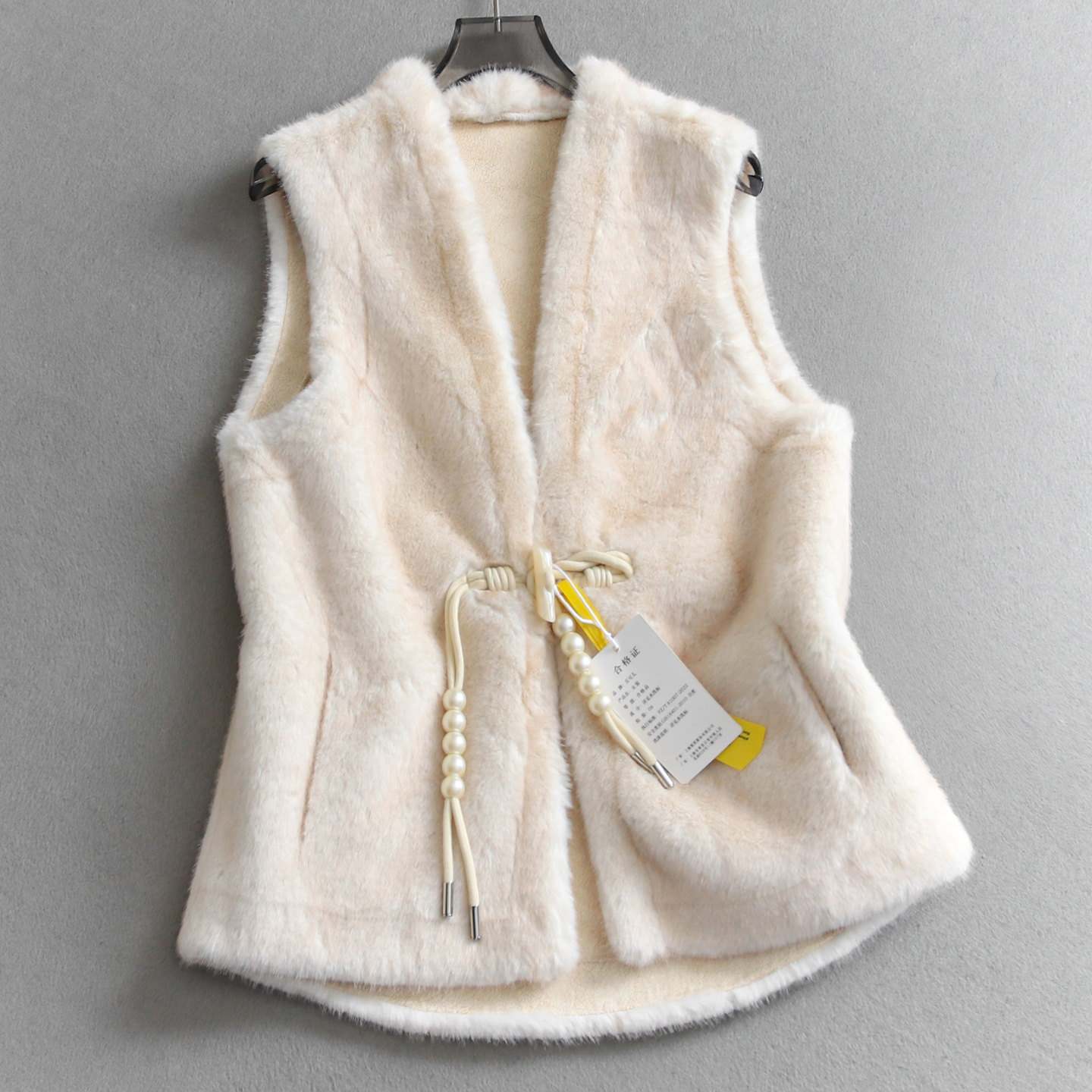 复古仿皮草V领珍珠流苏修身马甲