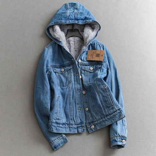 加绒加厚连帽保暖纯色女牛仔外套