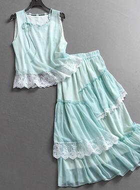 串珠系带圆领蕾丝花边无袖背心一整套穿搭半身裙女时尚套装X646