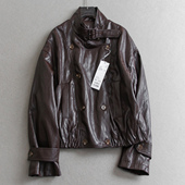 女皮衣W244 长袖 纯色宽松美拉德酷飒气质立领夹克外套2026春季 新款