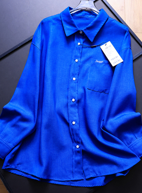 克莱因蓝宽松显瘦中长款翻领2025秋季新款长袖休闲百搭女衬衫B221
