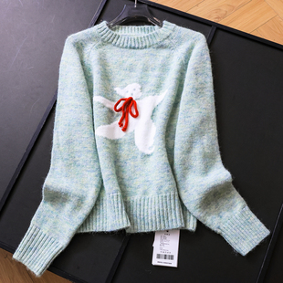 M455 针织衫 撞色蝴蝶结卡通提花慵懒宽松套头软糯毛衣长袖 减龄女装