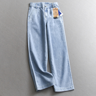 半松紧腰宽松直筒裤女牛仔九分裤
