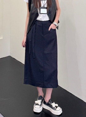 纯色飘带设计长裙通勤高腰2025秋季新款仿牛仔蓝色半身裙女裙B424