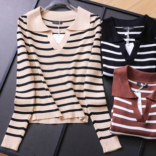 女针织衫 撞色条纹舒适显白修身 长袖 新款 N036 POLO领打底毛衣25秋季
