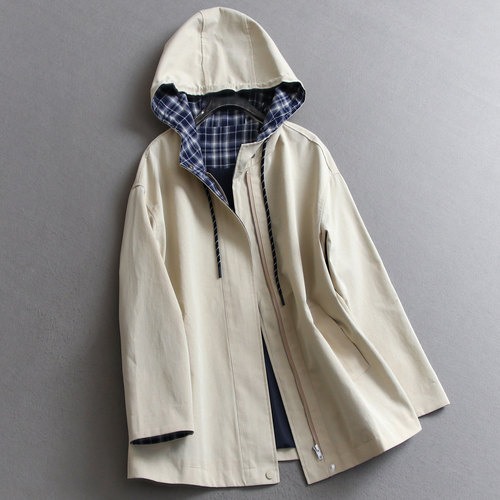 撞色格子连帽中长款宽松显瘦风衣