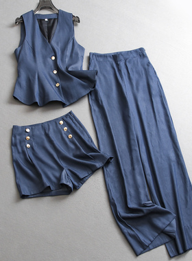 纯色复古V领显瘦无袖背心马夹可配一整套阔腿长裤女三件套装C906