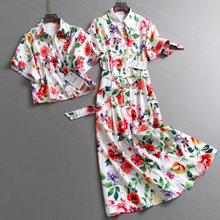 花卉印花系腰带显瘦翻领衬衫 气质优雅女长裙连衣裙X797 裙系带短袖