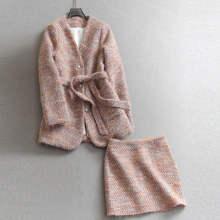 飘带小香风珍珠扣彩色编织V领夹棉外套半身短裙一整套套装 女M902