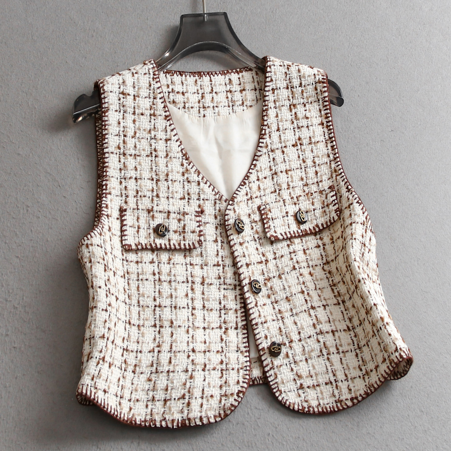 格纹编织V领假口袋坎肩女短马夹