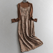 晕染丝绒裙套装显瘦修身半高领长袖两件套吊带裙长裙女连衣裙Q174