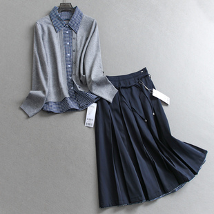 格纹拼接翻领假两件针织开衫 W158 可配一整套百褶半身裙女两件套装