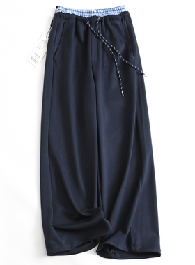 格子拼接松紧腰慵懒松弛感宽松运动裤直筒裤休闲裤女阔腿卫裤K355