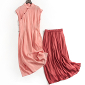 粉色显瘦修身 女裙连衣裙长裙S810 国风短袖 套装 裙立领旗袍裙新中式