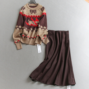 撞色复古费尔岛提花圆领宽松毛衣可配一整套半身裙女两件套装 Q783