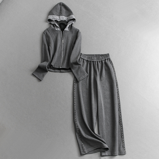 W259 女套装 蕾丝拼接纯色连帽修身 外套可配一整套宽松直筒休闲裤