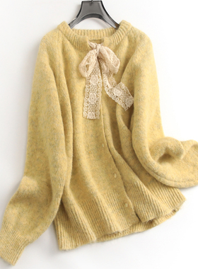 蕾丝蝴蝶结系带温柔慵懒风软糯宽松长袖针织开衫减龄女装毛衣J036